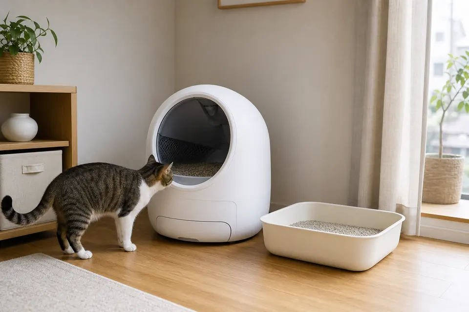 明るい室内で自動猫トイレと普通の猫トイレを猫が確認している様子