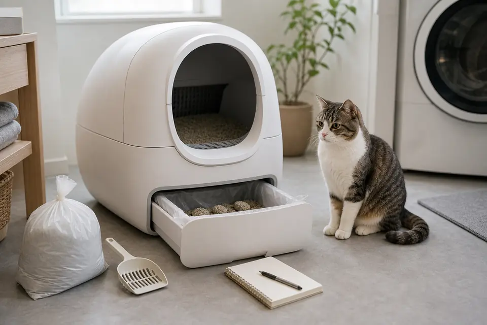 自動猫トイレのメンテナンス用品と排泄記録用ノートを置いた清潔な室内