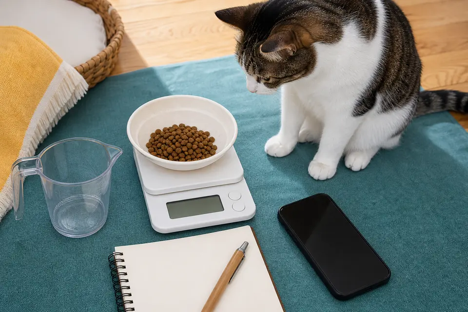 猫の餌を計量器で量りノートとスマートフォンで記録する準備