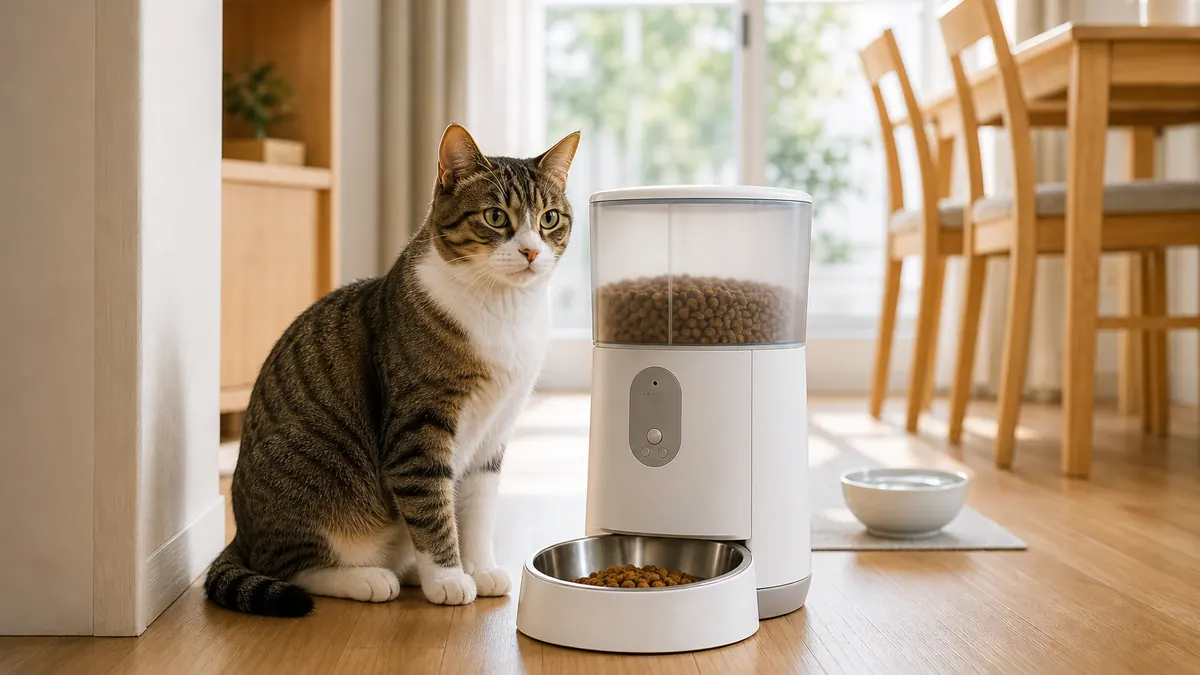 明るい室内で自動給餌器の横に座って食事を待つ猫