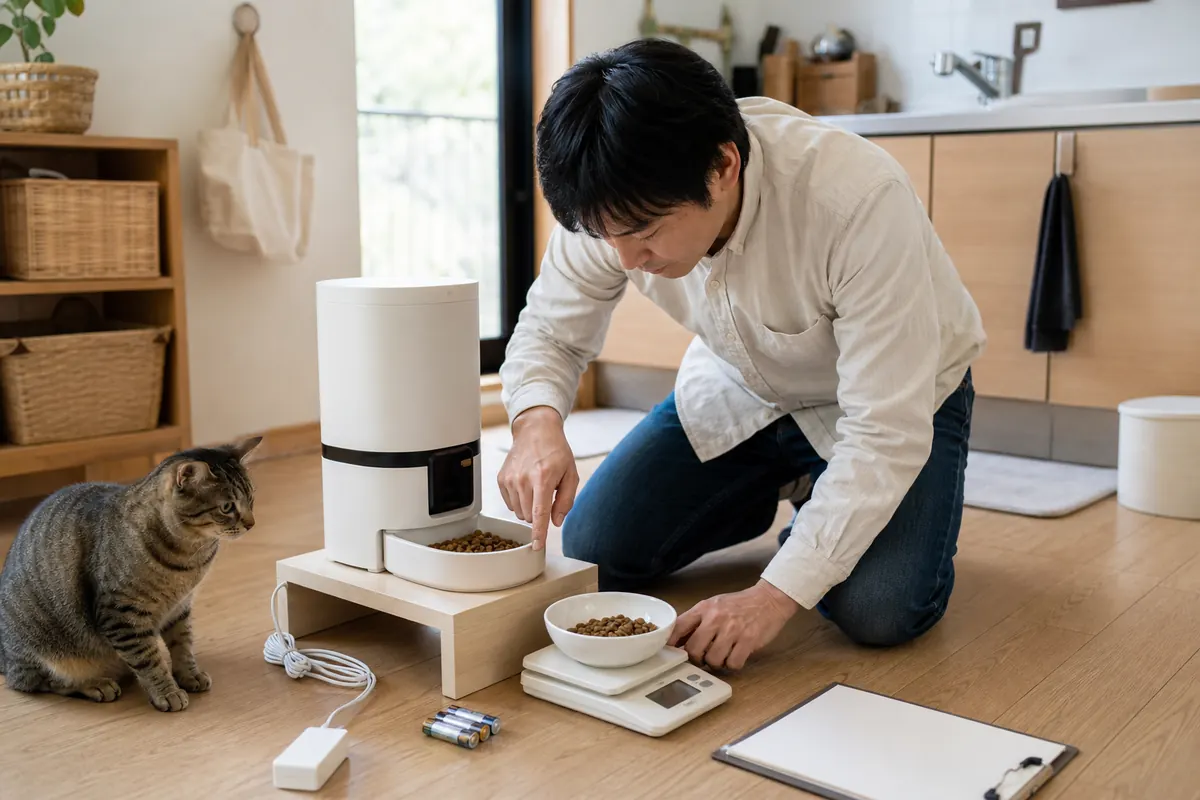 猫が見守る前で自動給餌器の給餌量をキッチンスケールで量る飼い主