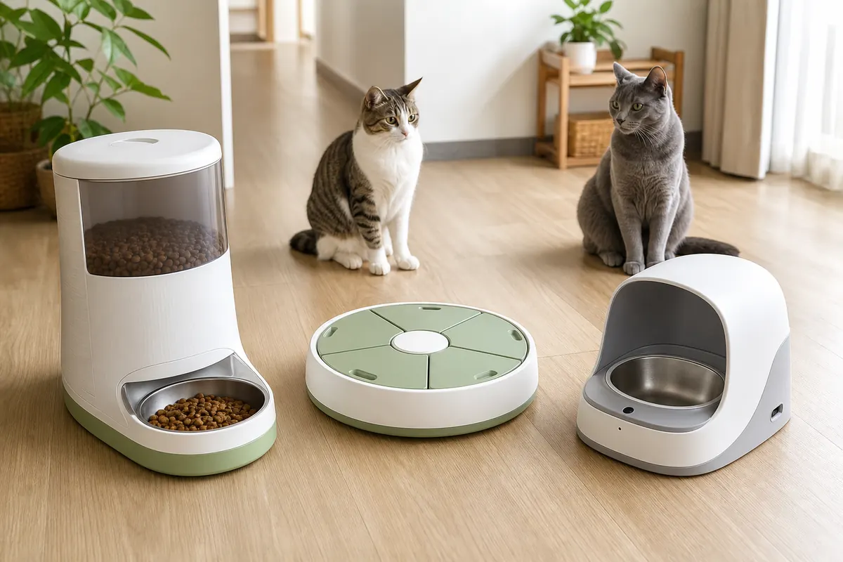 ストッカー式とトレー式と個体識別式の猫用給餌器を並べた室内