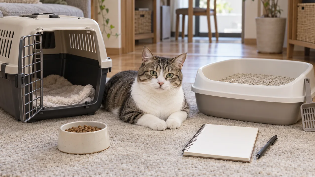 猫のそばにキャリーやトイレと予算を書き留めるノートを用意した室内