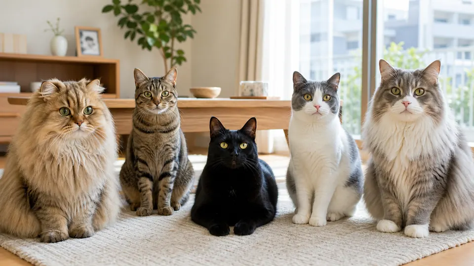 明るい室内で長毛種や短毛種など複数の猫が並んでいる様子