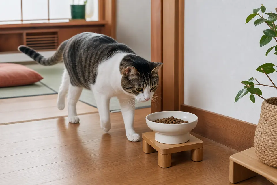 静かな室内で浅く高さのある食器に近づく猫