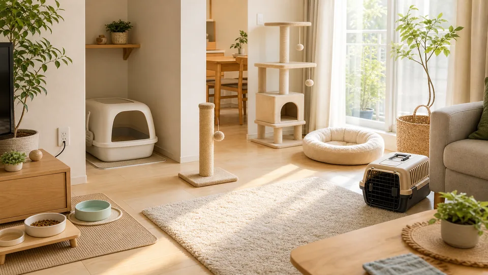 猫を迎えるためにトイレや爪とぎ、ベッド、キャリーを整えた明るい室内