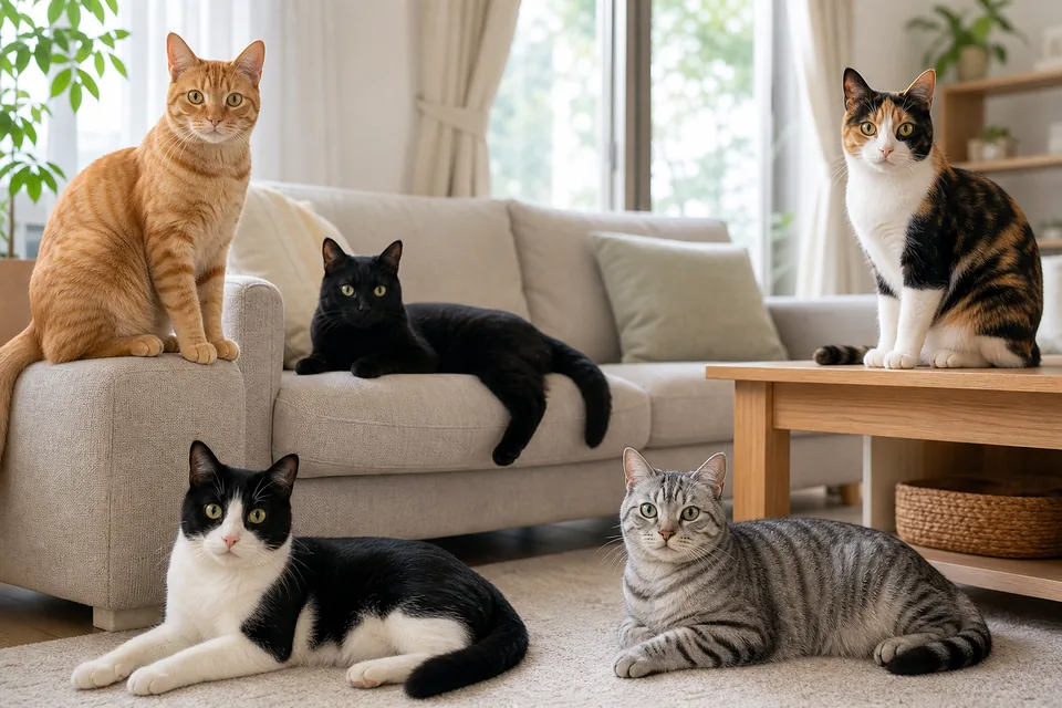 茶トラ、黒猫、三毛、ハチワレ、キジトラの猫が明るい室内に並ぶ様子