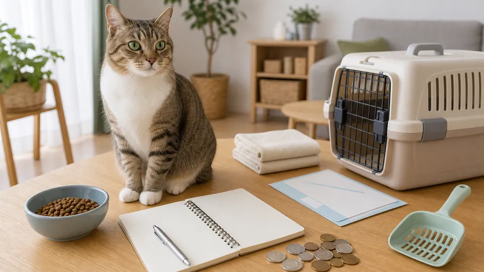 猫の飼育費用を見積もるためにノートと猫用品を並べた明るい室内