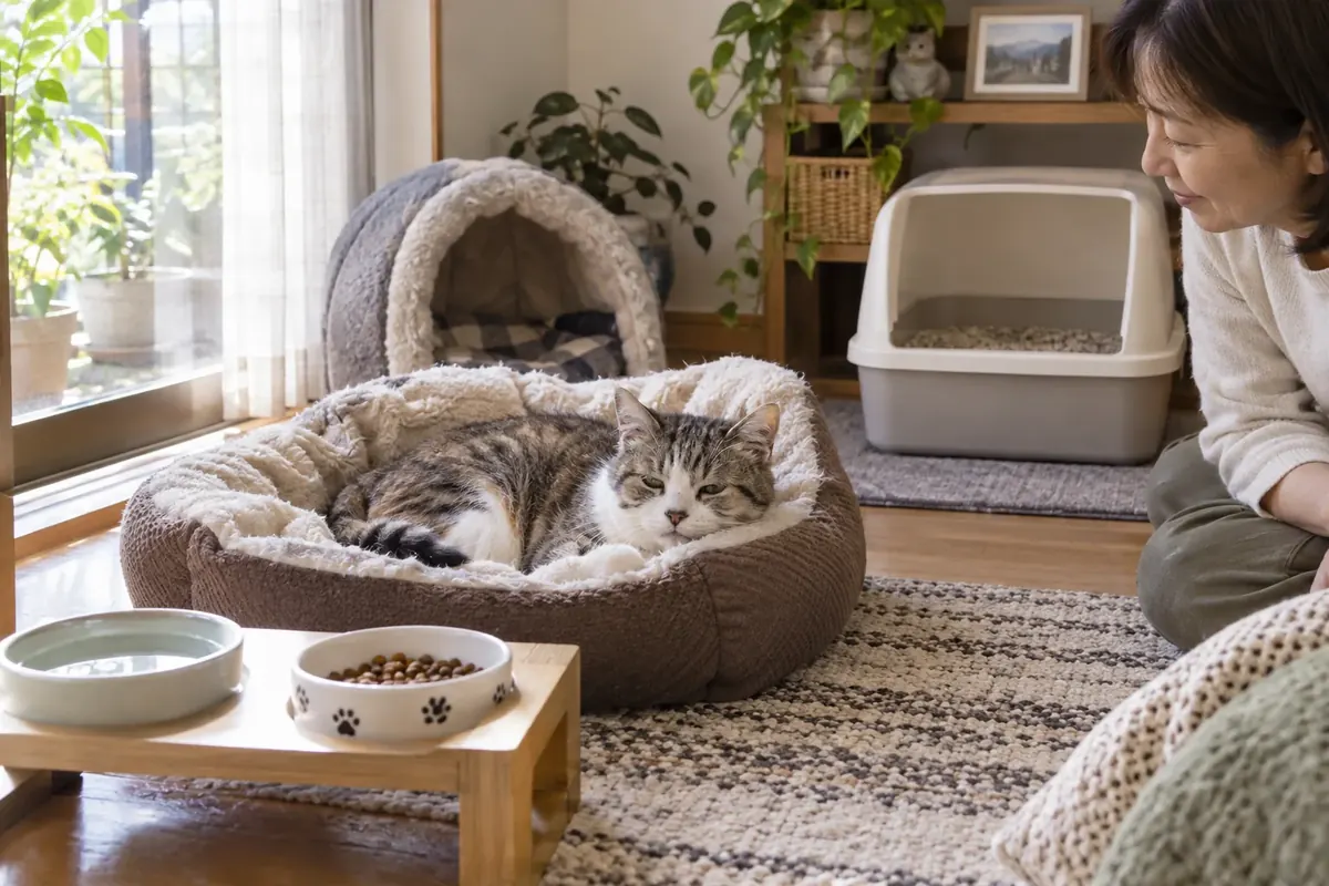 自宅の静かな場所でベッドに横たわる猫と見守る飼い主