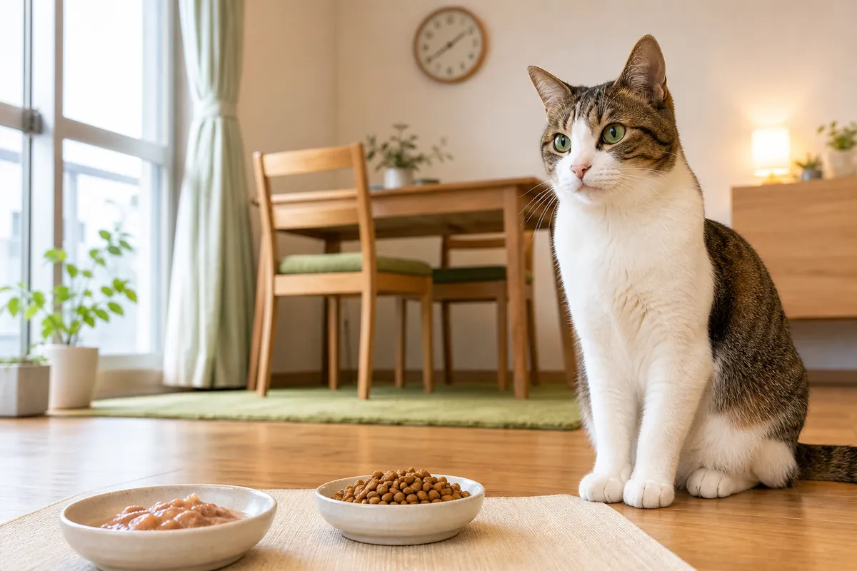明るい室内でドライフードとウェットフードの食器を前に待つ成猫
