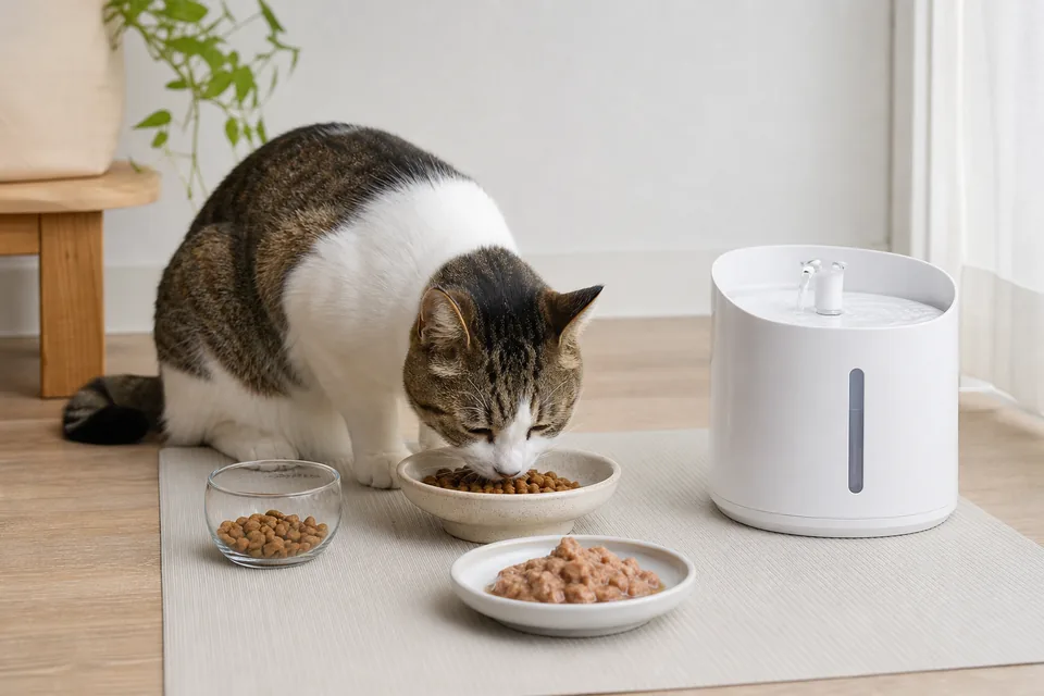 猫が浅い器でドライフードを食べ、そばに水飲み器とウェットフードがある食事スペース