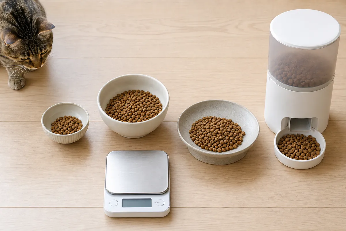 猫の食事を小分けするための複数の食器とキッチンスケールと自動給餌器