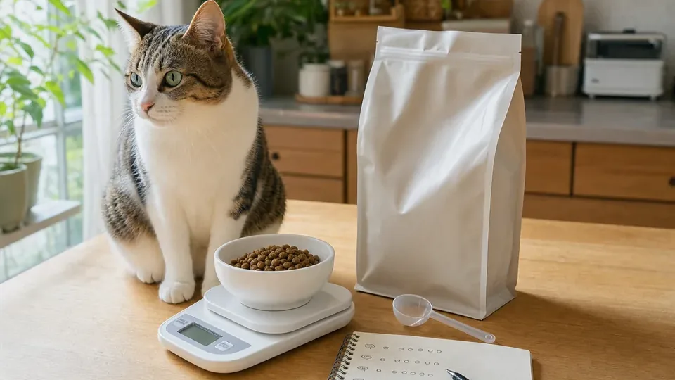 キッチンスケールで猫のドライフード量を量り、猫がそばで見ている明るい室内