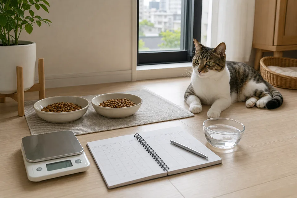 猫の食事スペースで餌の器、キッチンスケール、記録ノート、水を並べている様子