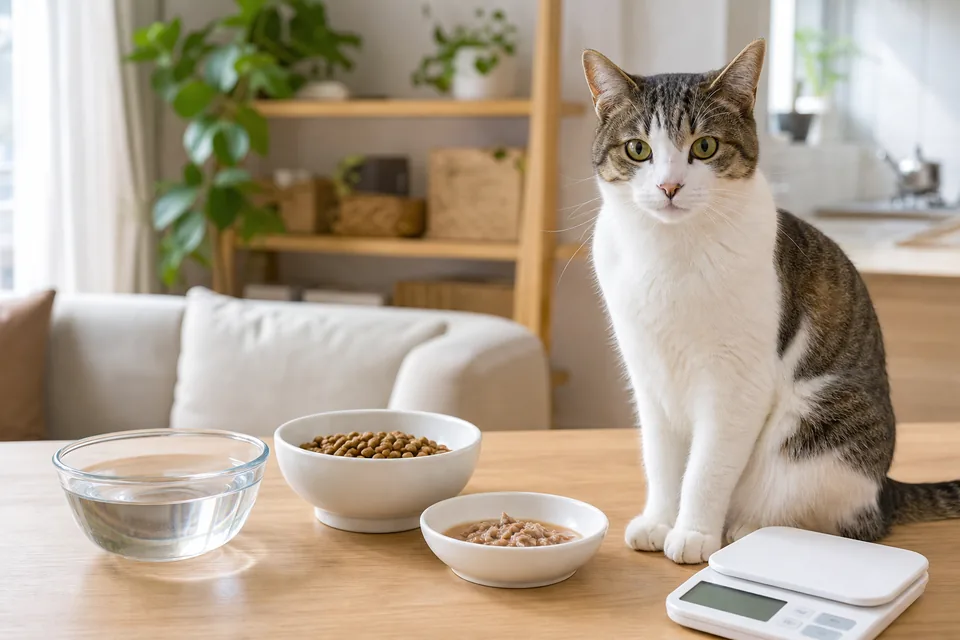 明るい室内で猫の餌、水、ウェットフード、キッチンスケールを並べて確認する様子