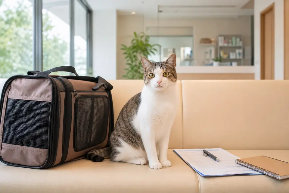 健康診断を待つ猫とキャリー、問診用のメモが置かれた明るい動物病院の待合室