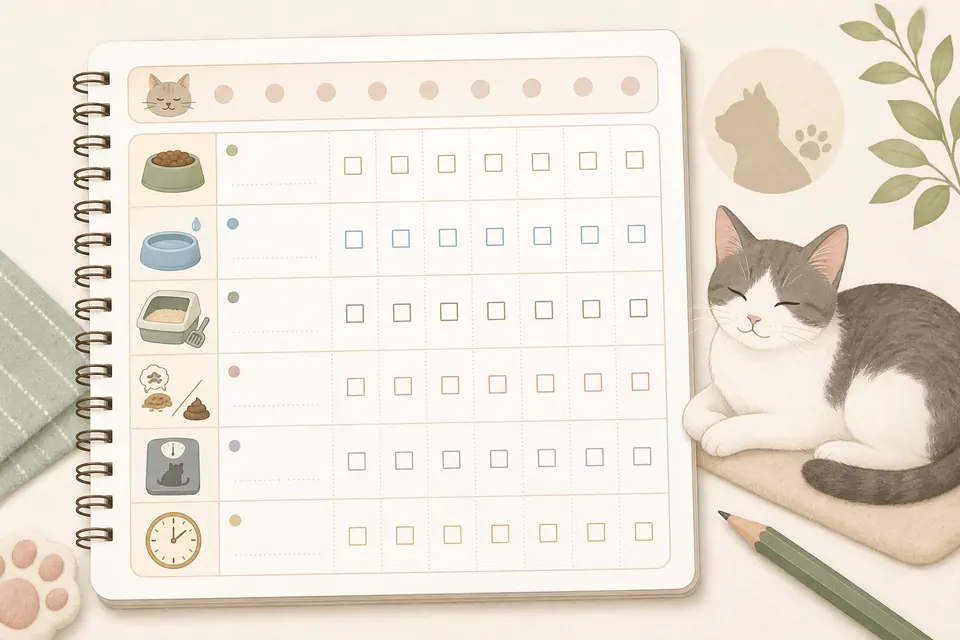 猫の食事、水、トイレ、嘔吐や便、体重、時間を記録するノートのイラスト
