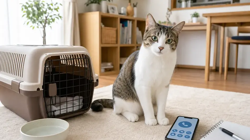 キャリー、水、記録ノートを用意した明るい室内で座る猫