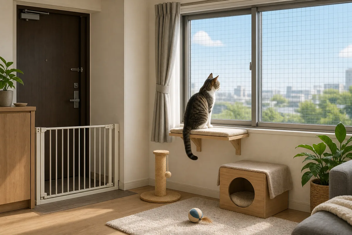 玄関ゲートと安全な窓辺を整えた室内で猫が外を眺めている様子