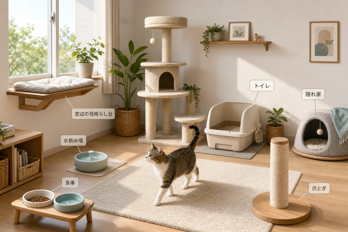 室内飼いの猫のために窓辺の見晴らし台やトイレ、水飲み場を整えた明るい部屋