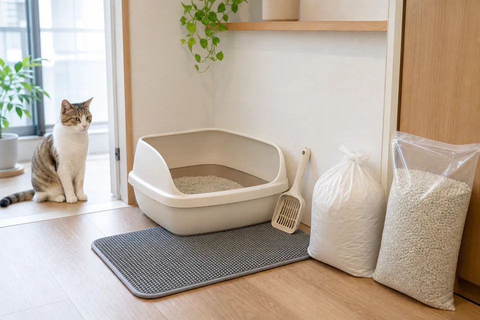 猫トイレの掃除道具と使用済み猫砂を密閉する袋を置いた清潔な室内