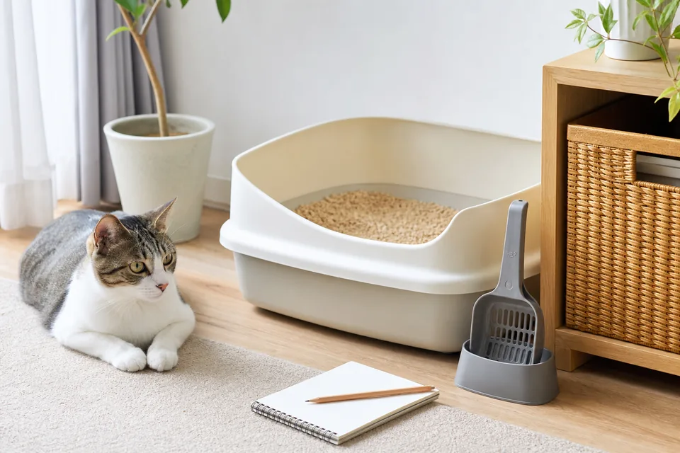 猫トイレの横で排泄回数を記録するためのノートとスコップ