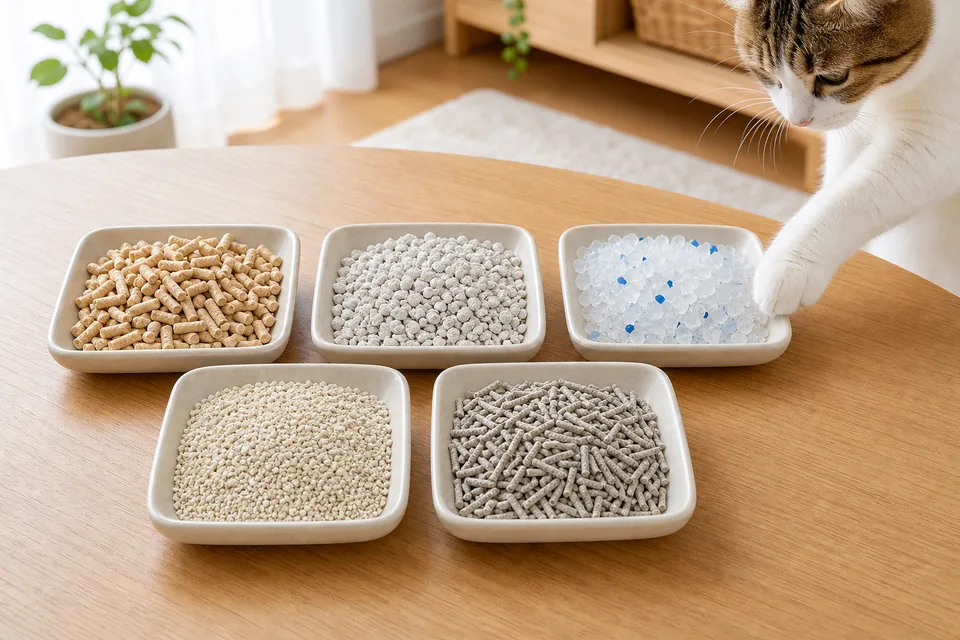 鉱物系や紙系など複数の猫砂素材を小皿で比較している様子
