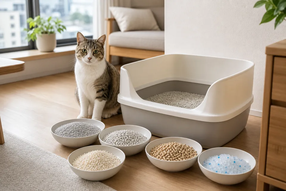 明るい室内で猫トイレと複数種類の猫砂を比較している様子