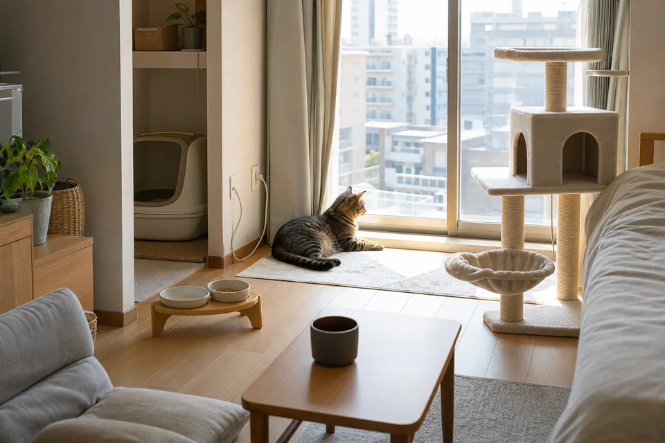 一人暮らしの部屋で猫トイレと猫タワーを整えた室内環境