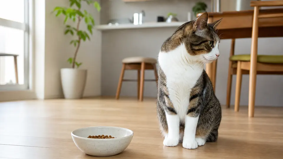 餌の入った食器から顔をそらす猫