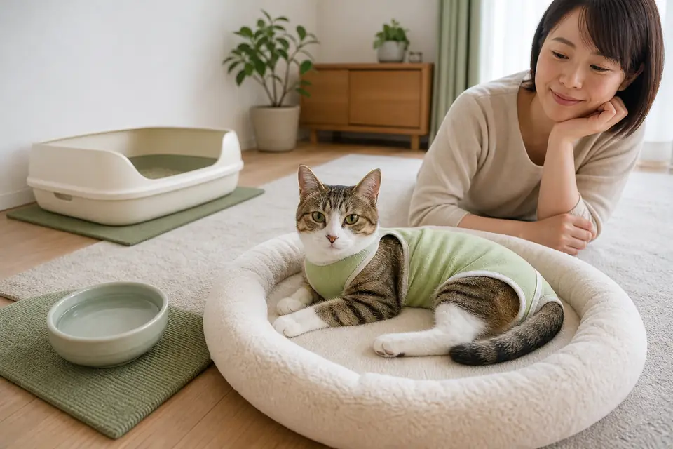 術後服を着て静かな部屋で休む猫と見守る飼い主
