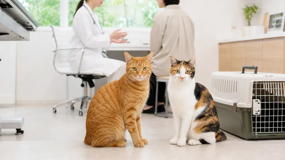 避妊・去勢手術の相談をする飼い主と獣医師の前で待つ2匹の猫