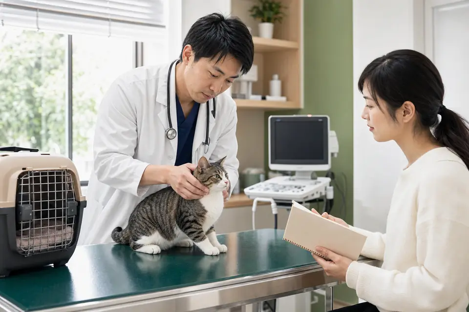 避妊・去勢手術前に猫を診察し飼い主へ説明する獣医師