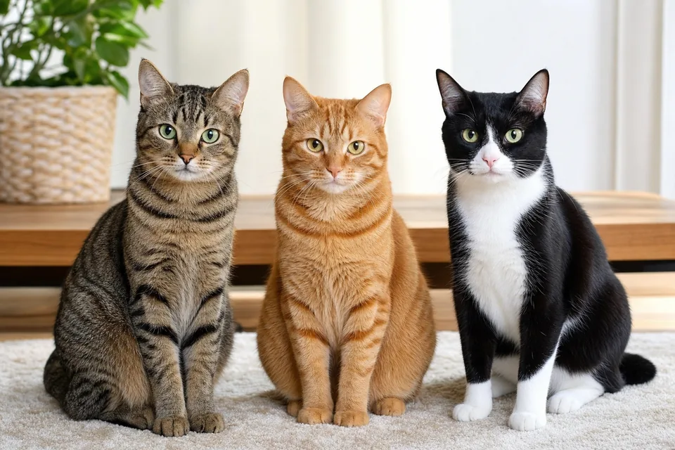 キジトラ、茶トラ、ハチワレの猫が並び毛柄の違いがわかる様子