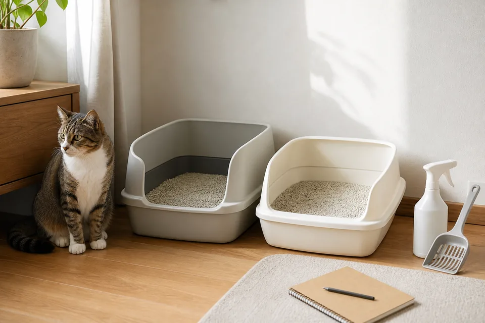 猫トイレを二つ並べて清潔用品と記録ノートを置いた室内