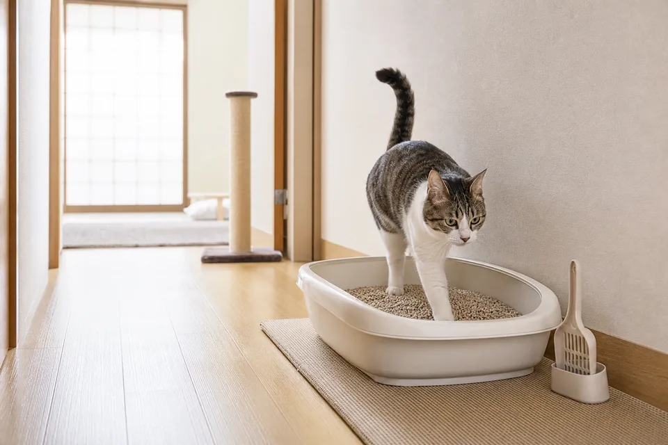 明るい室内の静かな場所で猫が清潔なトイレに入っている様子