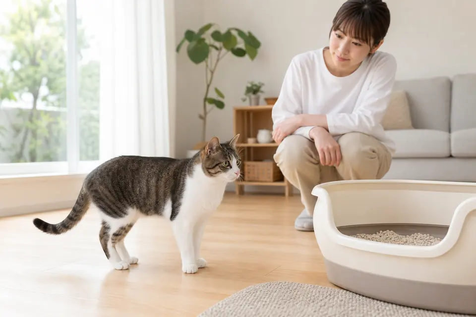猫トイレのそばで猫の排尿行動を静かに見守る飼い主