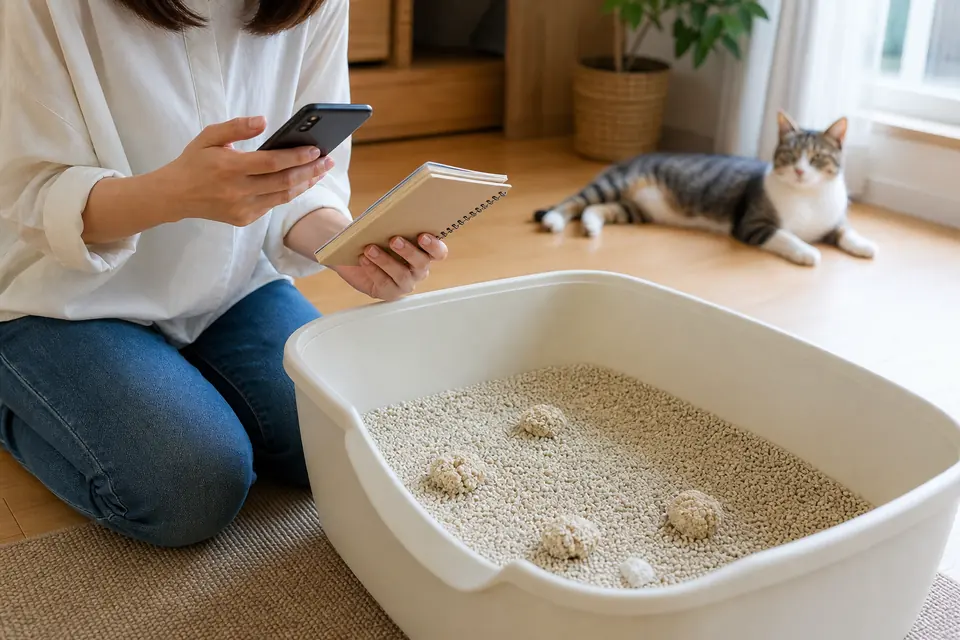 猫砂の固まりを見ながらスマートフォンとノートに排尿記録を残す飼い主