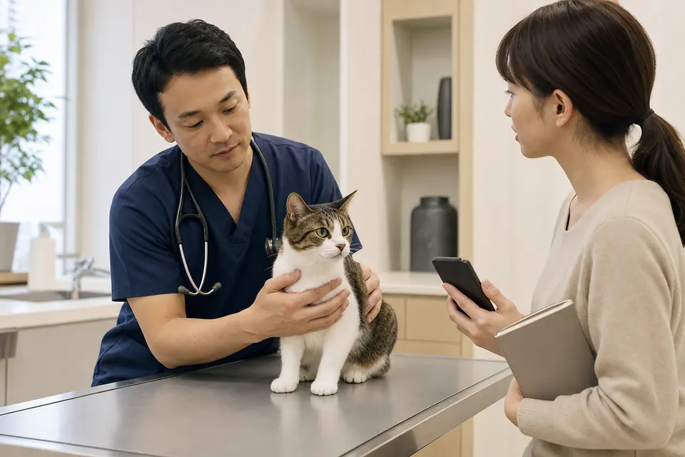 動物病院で猫を診察する獣医師に排尿記録を伝える飼い主