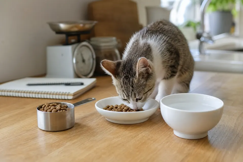 子猫用フードと水を用意して食事量を記録する様子