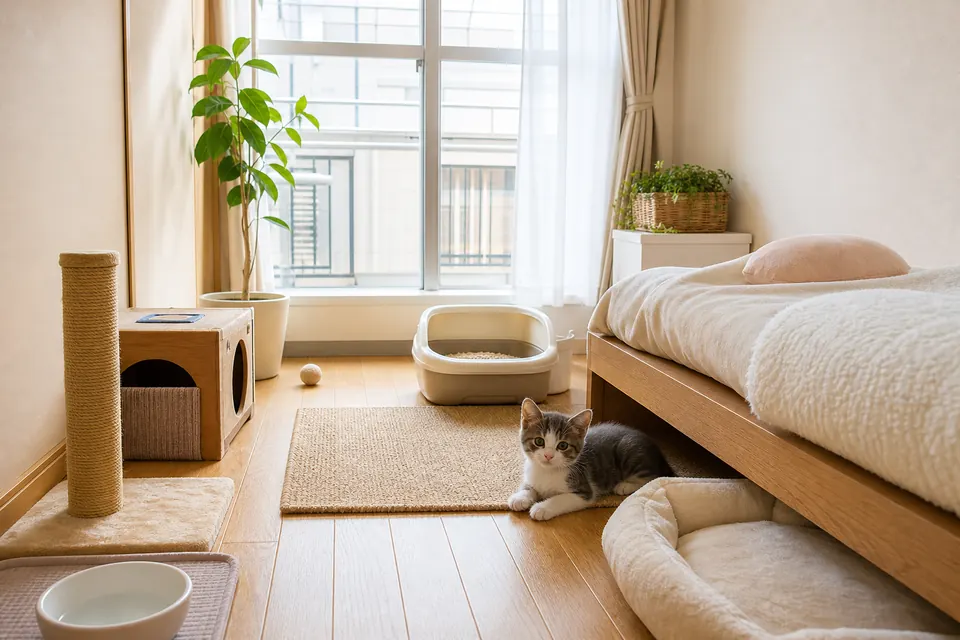子猫用トイレと爪とぎを整えた明るい室内で休む子猫