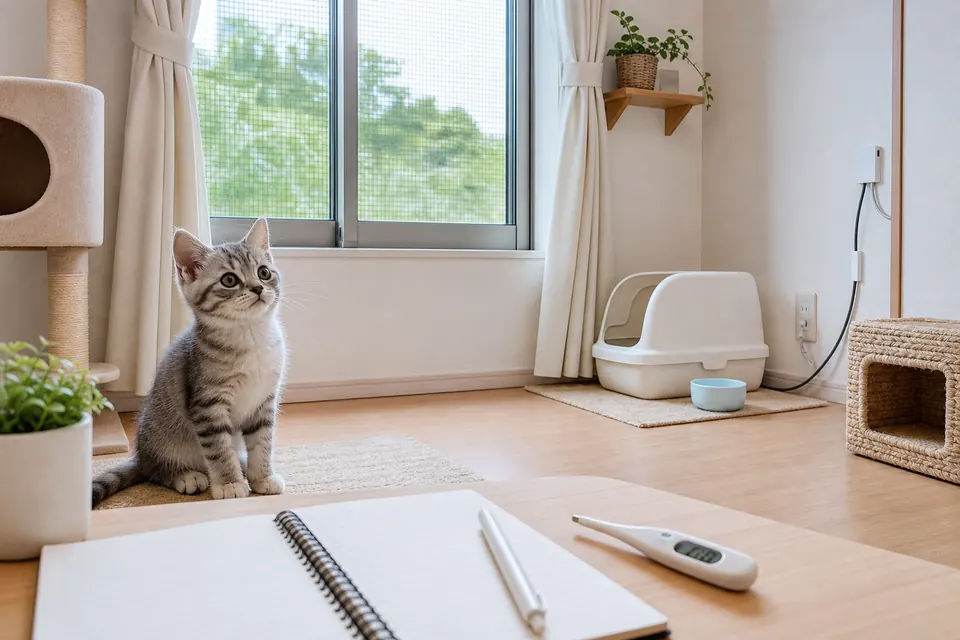 子猫の安全な室内環境と健康観察ノートを用意した部屋