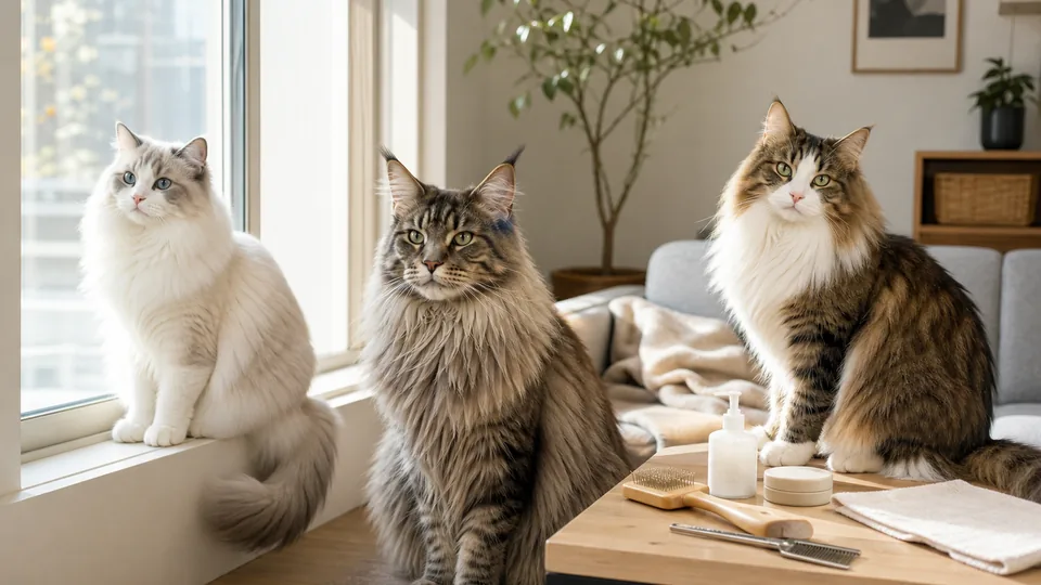 明るい室内で並ぶラグドール、メインクーン、ノルウェージャンフォレストキャット風の長毛猫たち