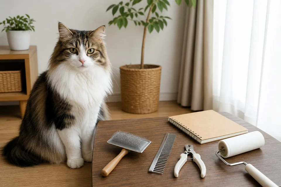 長毛猫のブラッシングに使うスリッカーブラシ、コーム、爪切り、粘着ローラーを並べた室内