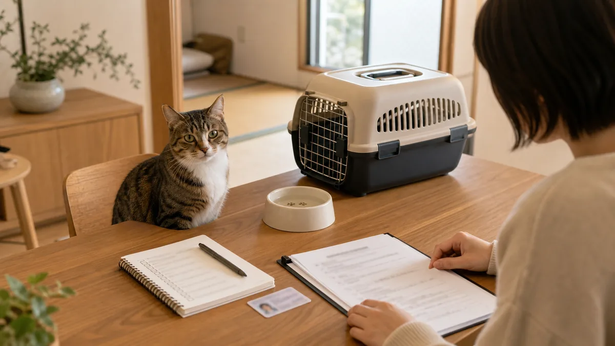 保護猫の面談準備として書類とキャリーを並べて確認している様子