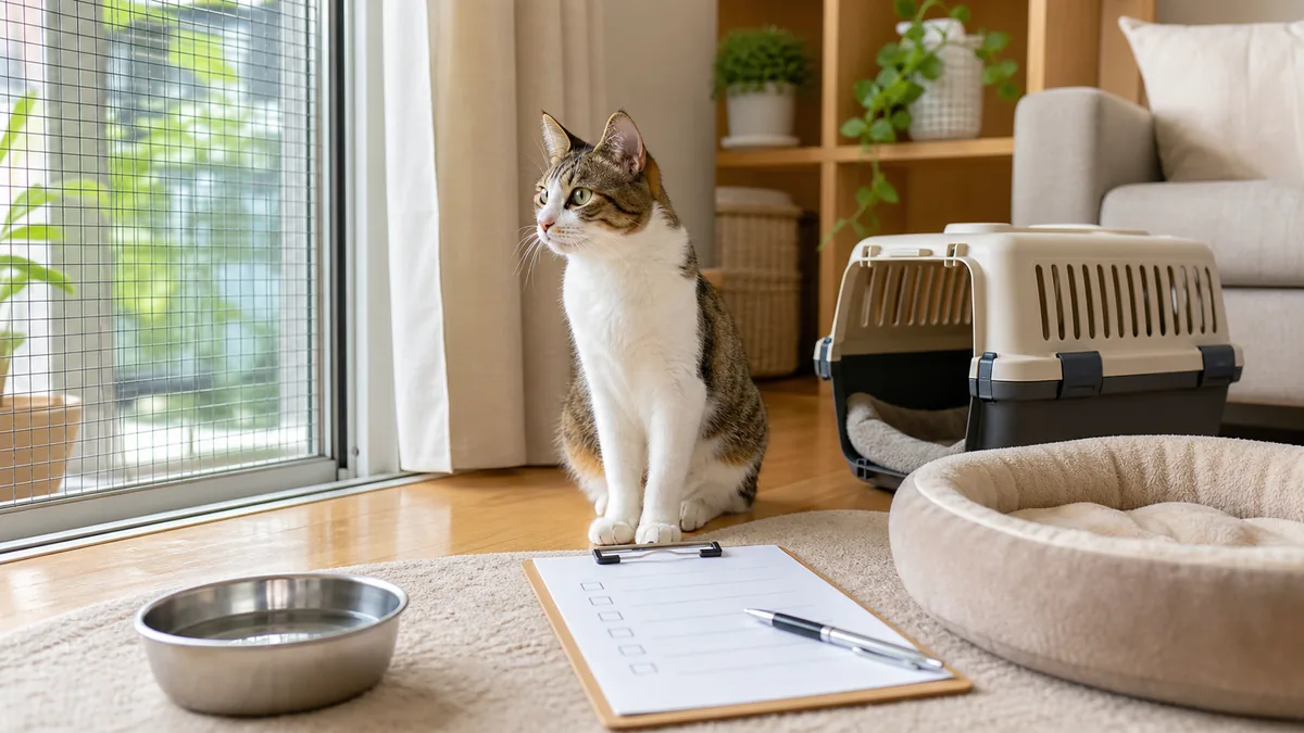 保護猫を迎える準備としてキャリーとチェックリストを置いた明るい室内