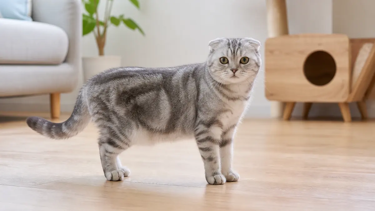 明るい室内に立つシルバータビーのスコティッシュフォールド