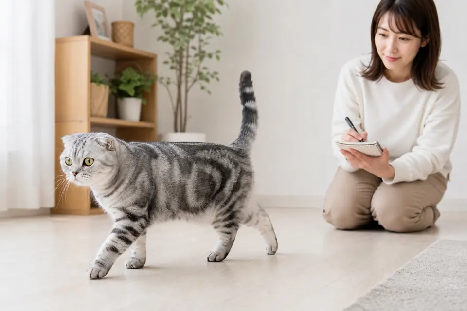 歩くスコティッシュフォールドを離れた場所からノートに記録する飼い主