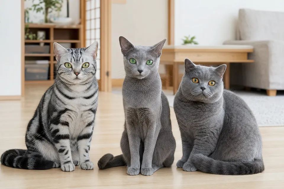 明るい室内に並ぶアメリカンショートヘア、ロシアンブルー、ブリティッシュショートヘア風の短毛猫