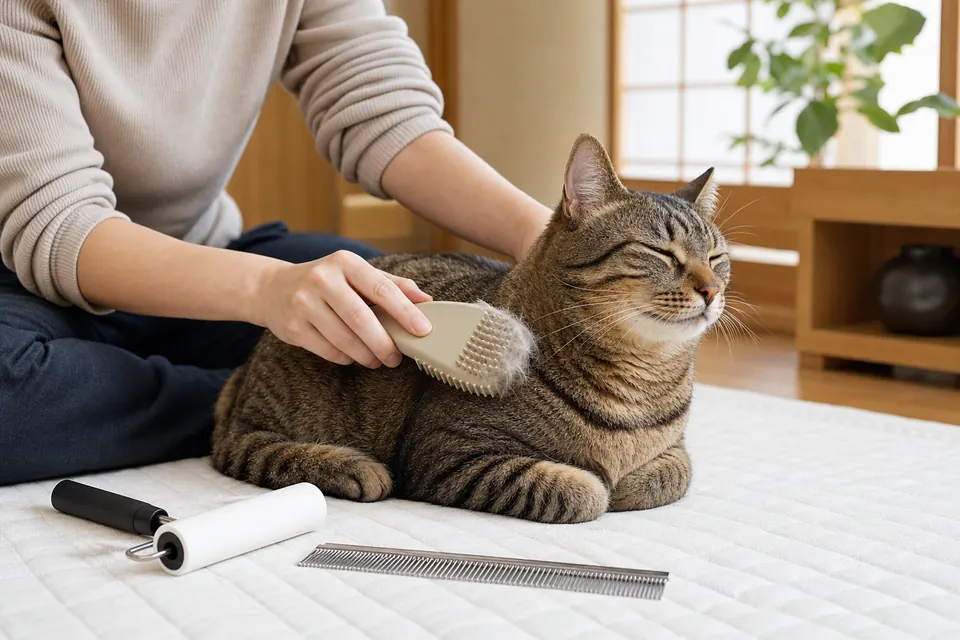 短毛のキジトラ猫をやわらかいラバーブラシで優しくブラッシングする飼い主